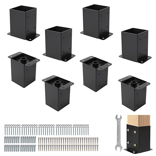 4"x4"Post Base for Deck,8PC Deck Post Bracket with Bolts and Hardware Kit,Post Anchor with Powder-Coated Finish,Post Holder for Fence Deck,Pergola and Gazebo(Metal Post Bracket with Interior Base)