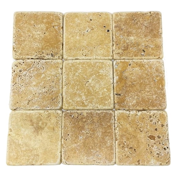 4"x4" Yellow Travertine Tumbled Tile for Floor, Wall, Kitchen Backsplash & Bathroom  Rustic Natural Stone Look (Box Covers 5 Sq. Ft.)