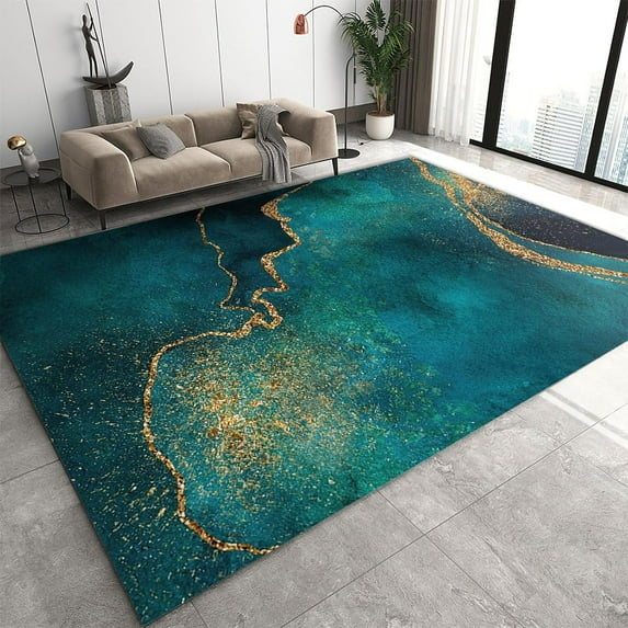 4'x5' Rug Non Slip Ink Wash Pastel Water Drops Small Entryway Mats, Machine Washable Tidewater Green Gold Splash Area Rug, Throw Rugs Carpet for Front Door Bedroom Bedside