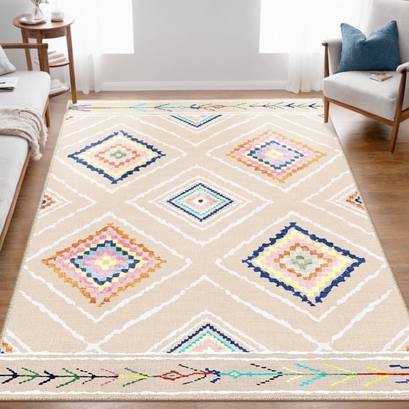 4'x6' Area Rugs for Living Room, Machine Washable Non-Slip Carpet, Soft Faux Wool Low Pile Moroccan Farmhouse Western Rug, Beige