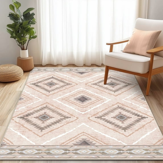 4'x6' Area Rugs for Living Room, Machine Washable Non-Slip Carpet, Soft Faux Wool Low Pile Moroccan Farmhouse Western Rug, Pink