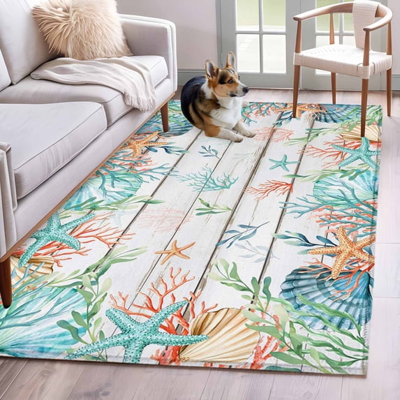 4'x6' Area Rugs, Beach Coastal Indoor Outdoor Area Rug for Living Room Bedroom, Summer Coral Starfish Nautical Ocean Retro Washable Bathroom Rugs Kitchen Floor Carpet Mats Home Decor Aesthetic