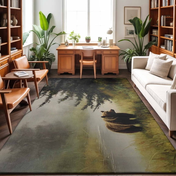 4'x6' Area Rugs, Bear Forest Indoor Outdoor Area Rug for Living Room Bedroom, Foggy Pine Trees Grey Wildlife Washable Bathroom Rugs Kitchen Floor Carpet Mats Home Decor Aesthetic
