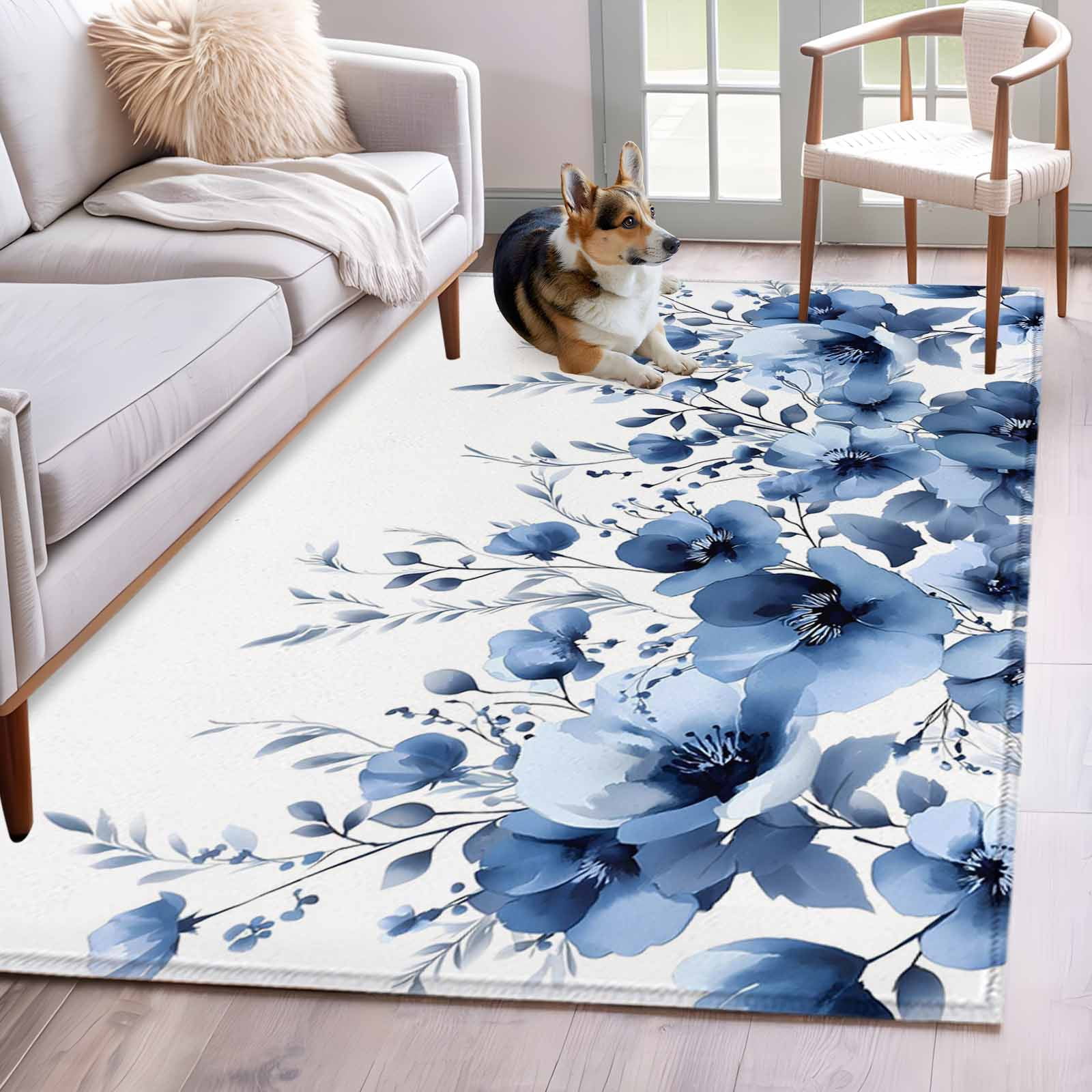 4'x6' Area Rugs, Blue Blooms Floral Indoor Outdoor Area Rug for Living ...