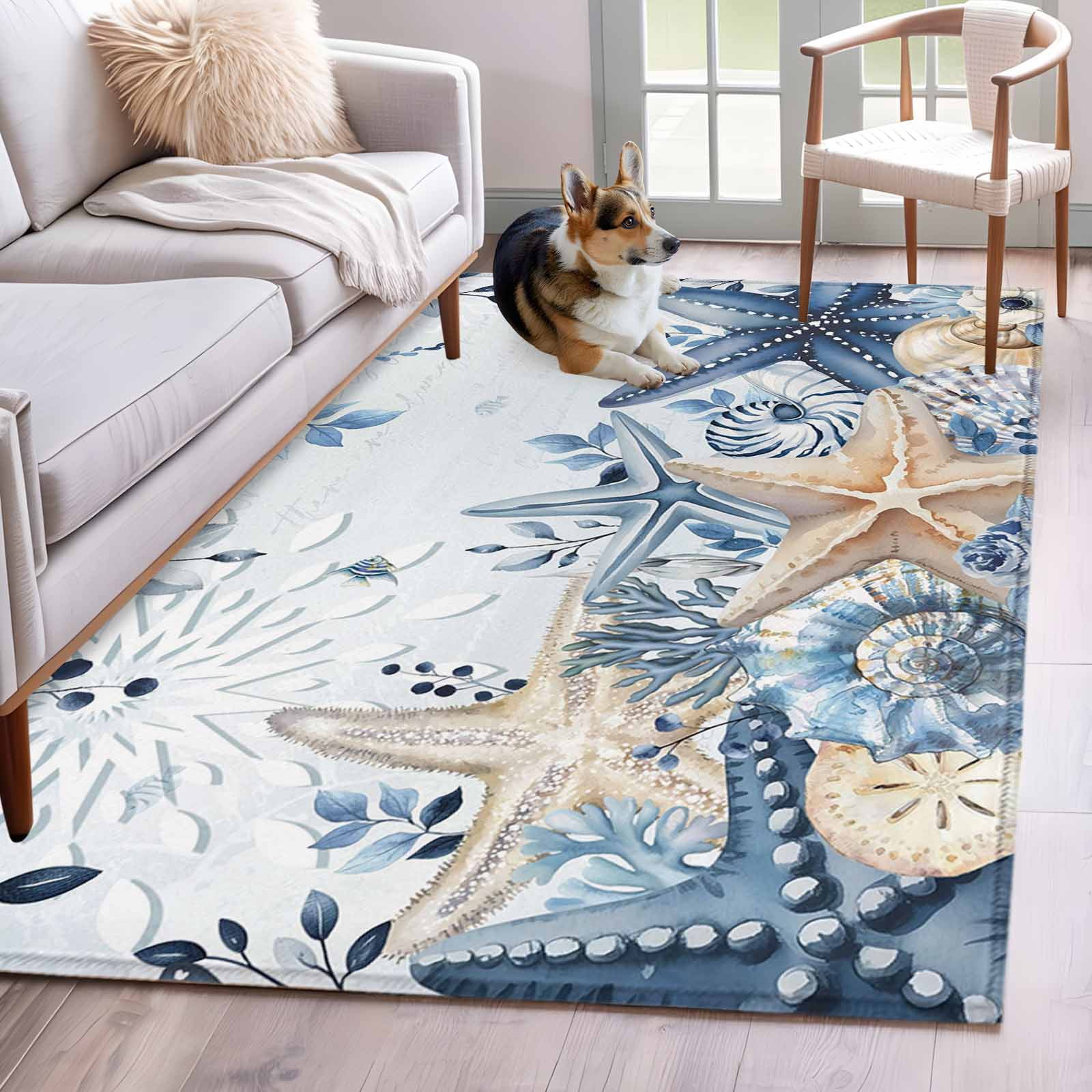 4'x6' Area Rugs, Blue Coastal Starfish Indoor Outdoor Area Rug for ...