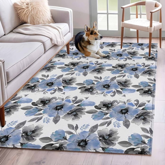 4'x6' Area Rugs, Blue Floral Indoor Outdoor Area Rug for Living Room Bedroom, Abstract Watercolor Flower Leaf Plant Washable Bathroom Rugs Kitchen Floor Carpet Mats Home Decor Aesthetic