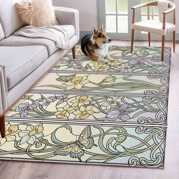 4'x6' Area Rugs, Butterflies Flowers Indoor Outdoor Area Rug for Living Room Bedroom, Vintage Geometric Colorful Glass Floral Washable Bathroom Rugs Kitchen Floor Carpet Mats Home Decor Aesthetic