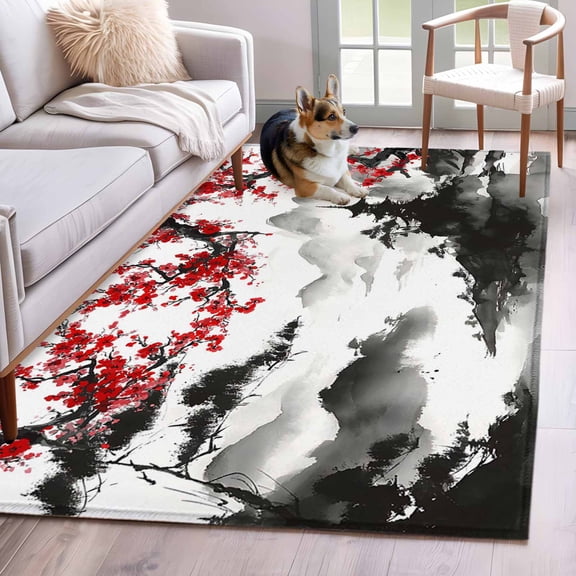 4'x6' Area Rugs, Chinese Mountain Indoor Outdoor Area Rug for Living Room Bedroom, Landscape Painting Red Plum Flowers Washable Bathroom Rugs Kitchen Floor Carpet Mats Home Decor Aesthetic