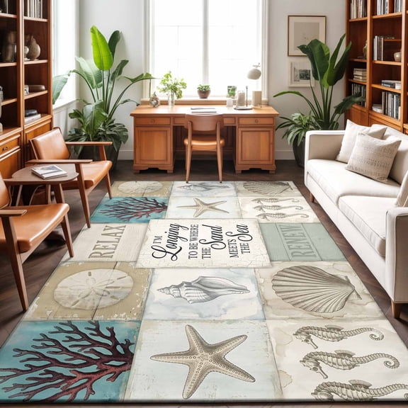 4'x6' Area Rugs, Coastal Marine Indoor Outdoor Area Rug for Living Room Bedroom, Relax Inspirational Corals Starfish Shells Washable Bathroom Rugs Kitchen Floor Carpet Mats Home Decor Aesthetic