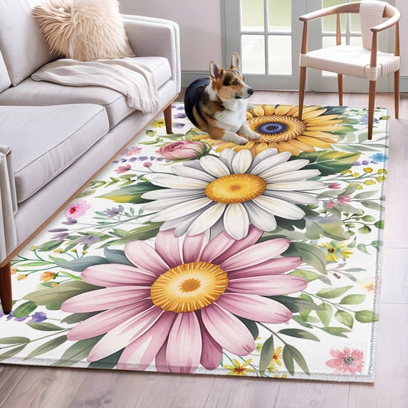 4'x6' Area Rugs, Colorful Daisy Floral Indoor Outdoor Area Rug for Living Room Bedroom, Spring Flowers Botanical Leaves Rustic Washable Bathroom Rugs Kitchen Floor Carpet Mats Home Decor Aesthetic
