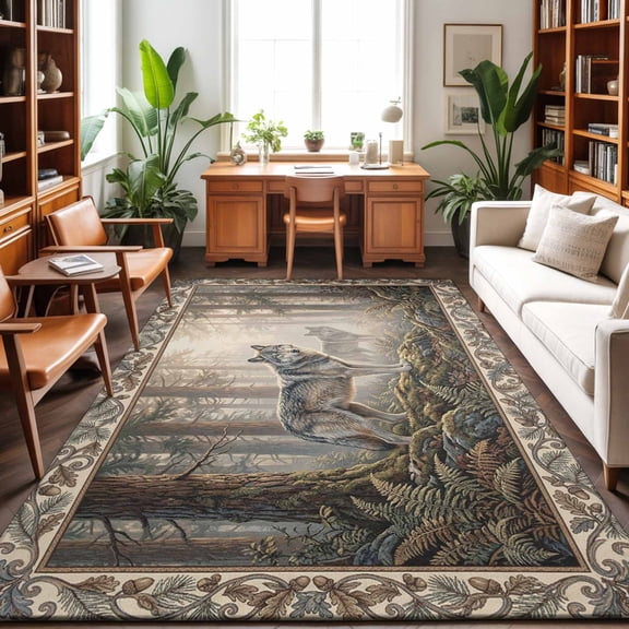 4'x6' Area Rugs, Country Wolf Indoor Outdoor Area Rug for Living Room Bedroom, Rustic Animals Trees Plants Forest Scenery Washable Bathroom Rugs Kitchen Floor Carpet Mats Home Decor Aesthetic