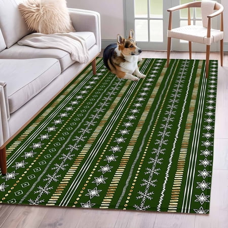 4'x6' Area Rugs, Green Christmas Indoor Outdoor Area Rug for Living Room Bedroom, White Snowflake Yellow Geometric Abstract Washable Bathroom Rugs Kitchen Floor Carpet Mats Home Decor Aesthetic