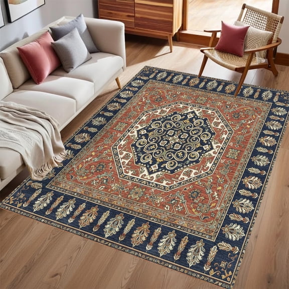 4'x6' Area Rugs for Living Room Washable Rugs Traditional Persian Area Rug Soft Rust Red Geometric Medallion Carpet Distressed Indoor Rug for Bedroom Dining Room Office Foldable Nonslip Rug Brick Red