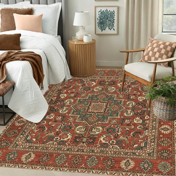 4'x6' Area Rugs for Living Room Washable Rugs Traditional Persian Area Rug Soft Rust Red Geometric Medallion Carpet Distressed Indoor Rug for Bedroom Dining Room Office Foldable Nonslip Rug Brick Red