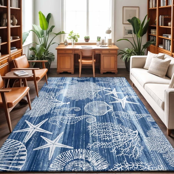 4'x6' Area Rugs, Navy Blue Coastal Indoor Outdoor Area Rug for Living Room Bedroom, Nautical Coral Starfish Shell Seahorse Ocean Washable Bathroom Rugs Kitchen Floor Carpet Mats Home Decor Aesthetic