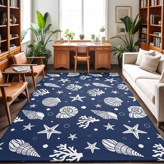 4'x6' Area Rugs, Navy Blue Coastal Indoor Outdoor Area Rug for Living Room Bedroom, Nautical Starfish Coral Shell Summer Ocean Washable Bathroom Rugs Kitchen Floor Carpet Mats Home Decor Aesthetic