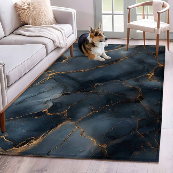 4'x6' Area Rugs, Navy Blue Marble Indoor Outdoor Area Rug for Living Room Bedroom, Luxury Modern Abstract Art Washable Bathroom Rugs Kitchen Floor Carpet Mats Home Decor Aesthetic