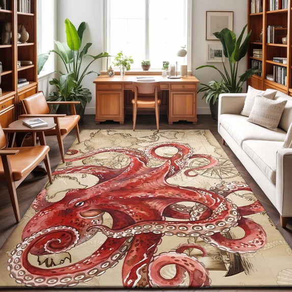 4'x6' Area Rugs, Ocean Red Octopus Indoor Outdoor Area Rug for Living ...