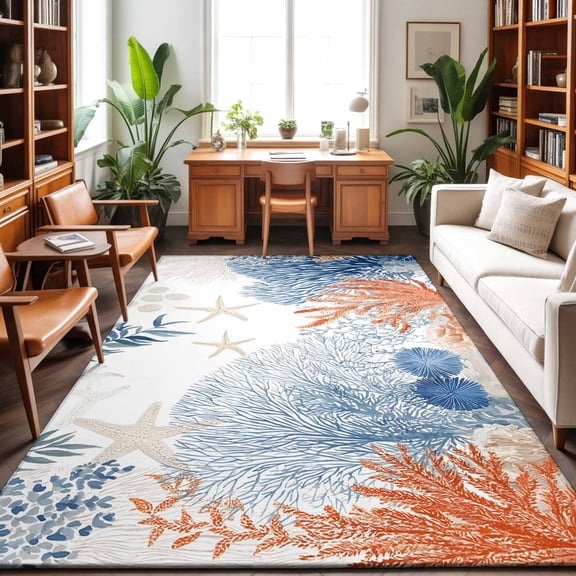 4'x6' Area Rugs, Orange Navy Blue Coral Indoor Outdoor Area Rug for Living Room Bedroom, Summer Beach Coastal Ocean Washable Bathroom Rugs Kitchen Floor Carpet Mats Home Decor Aesthetic