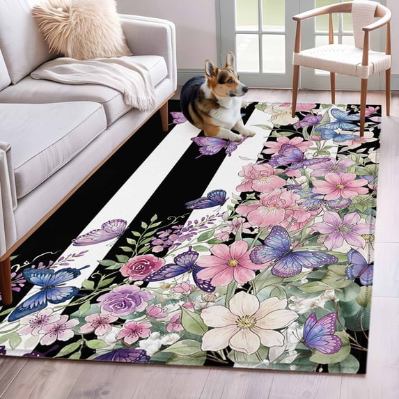4'x6' Area Rugs, Pink Flowers Indoor Outdoor Area Rug for Living Room Bedroom, Spring Floral Watercolor Botanical Farmhouse Striped Bathroom Rugs Kitchen Floor Carpet Mats Home Decor Aesthetic