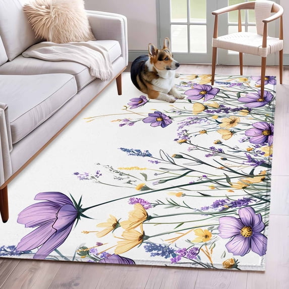 4'x6' Area Rugs, Purple Floral Spring Indoor Outdoor Area Rug for Living Room Bedroom, Watercolor Summer Botanical Washable Bathroom Rugs Kitchen Floor Carpet Mats Home Decor Aesthetic