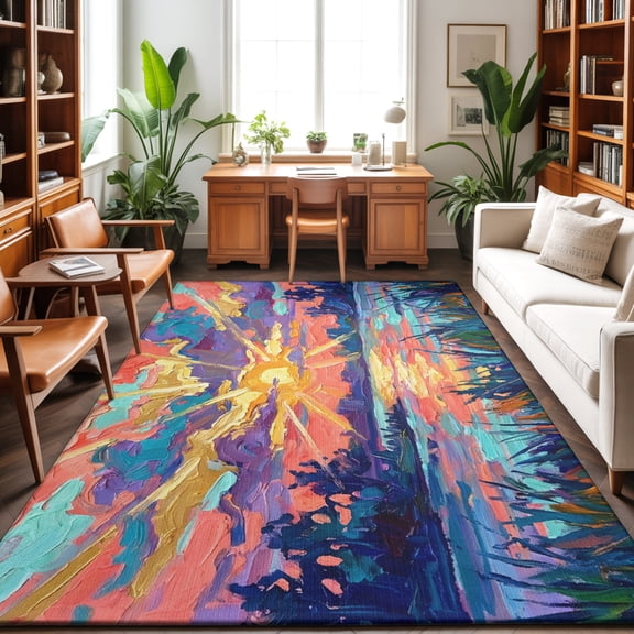 4'x6' Area Rugs, Purple Red Sunset Indoor Outdoor Area Rug for Living Room Bedroom, Modern Abstract Art Washable Bathroom Rugs Kitchen Floor Carpet Mats Home Decor Aesthetic