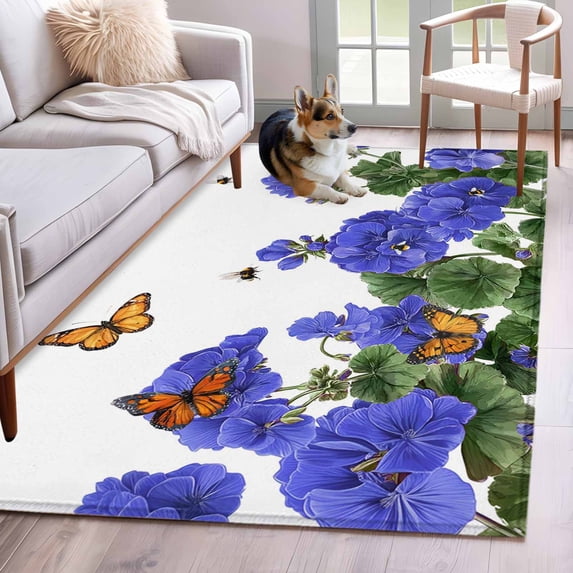 4'x6' Area Rugs, Purple Spring Floral Indoor Outdoor Area Rug for Living Room Bedroom, Butterfly Farmhouse Washable Bathroom Rugs Kitchen Floor Carpet Mats Home Decor Aesthetic