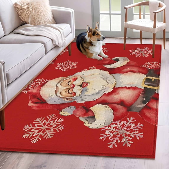 4'x6' Area Rugs, Red Santa Christmas Indoor Outdoor Area Rug for Living Room Bedroom, Xmas Snowflake Watercolor Vintage Washable Bathroom Rugs Kitchen Floor Carpet Mats Home Decor Aesthetic