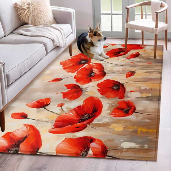 4'x6' Area Rugs, Red Spring Floral Indoor Outdoor Area Rug for Living Room Bedroom, Summer Botanical Watercolor Vintage Washable Bathroom Rugs Kitchen Floor Carpet Mats Home Decor Aesthetic