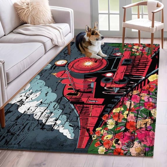 4'x6' Area Rugs, Red Trains Indoor Outdoor Area Rug for Living Room Bedroom, Shabby Chic Cartoon Retro Flowers Artwork Washable Bathroom Rugs Kitchen Floor Carpet Mats Home Decor Aesthetic