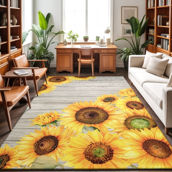 4'x6' Area Rugs, Retro Country Floral Indoor Outdoor Area Rug for Living Room Bedroom, Summer Yellow Sunflowers Wooden Beige Washable Bathroom Rugs Kitchen Floor Carpet Mats Home Decor Aesthetic