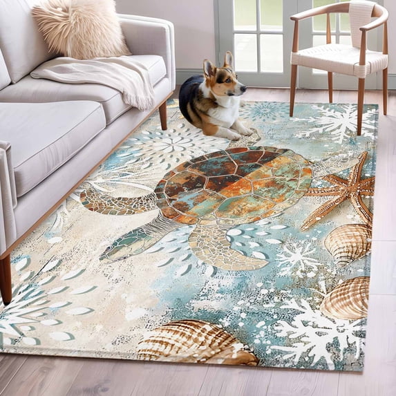 4'x6' Area Rugs, Sea Turtle Coastal Indoor Outdoor Area Rug for Living Room Bedroom, Nautical Starfish Botanical Ocean Washable Bathroom Rugs Kitchen Floor Carpet Mats Home Decor Aesthetic