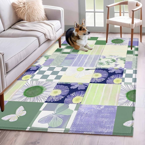 4'x6' Area Rugs, Spring Floral Checkered Indoor Outdoor Area Rug for Living Room Bedroom, Sage Green Purple Buffalo Plaid Washable Bathroom Rugs Kitchen Floor Carpet Mats Home Decor Aesthetic