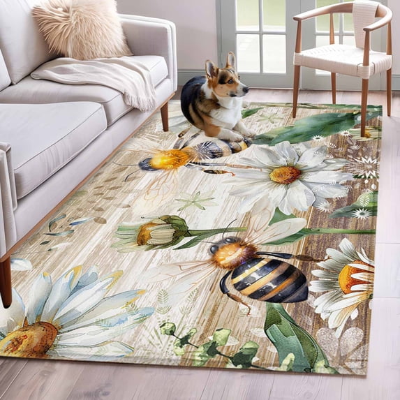 4'x6' Area Rugs, Summer Botanical Indoor Outdoor Area Rug for Living Room Bedroom, White Daisy Botanical Bee Rustic Washable Bathroom Rugs Kitchen Floor Carpet Mats Home Decor Aesthetic