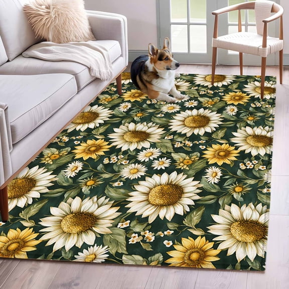 4'x6' Area Rugs, Summer Sunflower Indoor Outdoor Area Rug for Living Room Bedroom, Yellow Spring Floral Botanical Green Washable Bathroom Rugs Kitchen Floor Carpet Mats Home Decor Aesthetic
