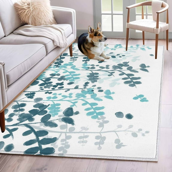 4'x6' Area Rugs, Teal Blue Leaves Indoor Outdoor Area Rug for Living Room Bedroom, Summer Botanical Washable Bathroom Rugs Kitchen Floor Carpet Mats Home Decor Aesthetic