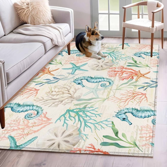 4'x6' Area Rugs, Teal Red Coastal Indoor Outdoor Area Rug for Living Room Bedroom, Nautical Seahorse Beach Coral Starfish Retro Washable Bathroom Rugs Kitchen Floor Carpet Mats Home Decor Aesthetic