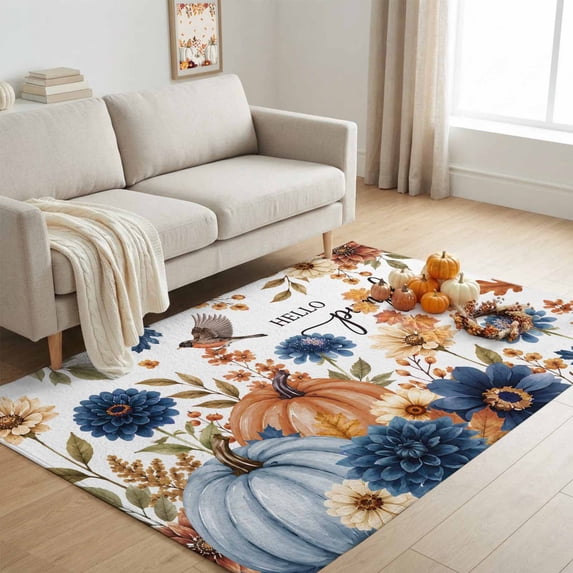 4'x6' Area Rugs, Thanksgiving Indoor Outdoor Area Rug for Living Room Bedroom, Fall Orange Blue Pumpkin Floral Branches Bird Washable Bathroom Rugs Kitchen Floor Carpet Mats Home Decor