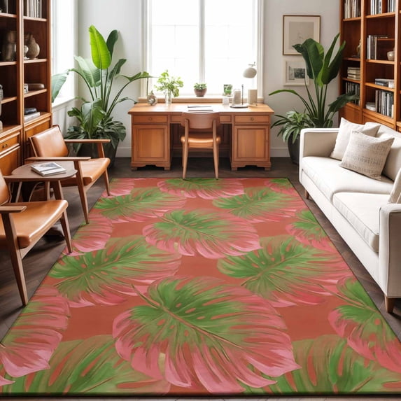 4'x6' Area Rugs, Tropical Palm Tree Indoor Outdoor Area Rug for Living Room Bedroom, Pink Green Leaves Summer Coastal Washable Bathroom Rugs Kitchen Floor Carpet Mats Home Decor Aesthetic