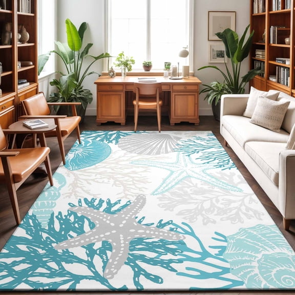 4'x6' Area Rugs, Turquoise Coastal Indoor Outdoor Area Rug for Living Room Bedroom, Grey Teal Beige Coral Starfish Nautical Washable Bathroom Rugs Kitchen Floor Carpet Mats Home Decor Aesthetic