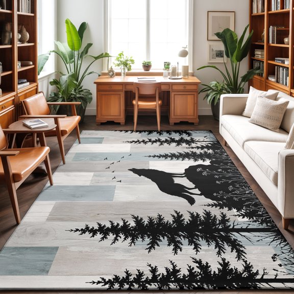 4'x6' Area Rugs, Wild Wolf Indoor Outdoor Area Rug for Living Room Bedroom, Farmhouse Forest Trees Wood Grain Blue Grey Washable Bathroom Rugs Kitchen Floor Carpet Mats Home Decor Aesthetic