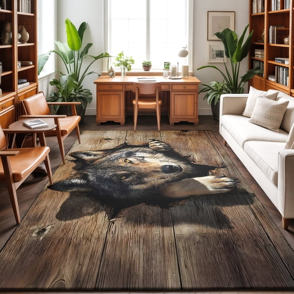 4'x6' Area Rugs, Wolf Head Indoor Outdoor Area Rug for Living Room Bedroom, Wood Planks Animal Intense Eyes Washable Bathroom Rugs Kitchen Floor Carpet Mats Home Decor Aesthetic