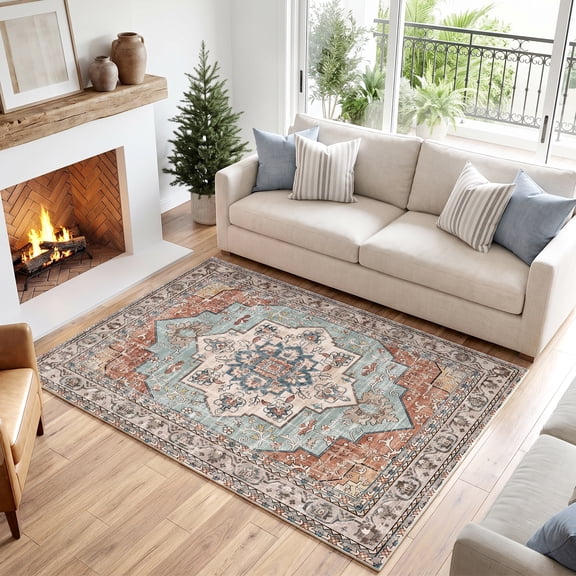 4'x6' Bohemian Area Rug, Machine Washable, Non-Slip, Low Pile, Lightweight, Printed Pattern Rug, Vintage Floral Boho Decor for Living Room Bedroom Dining Room Office (Blue&Orange)