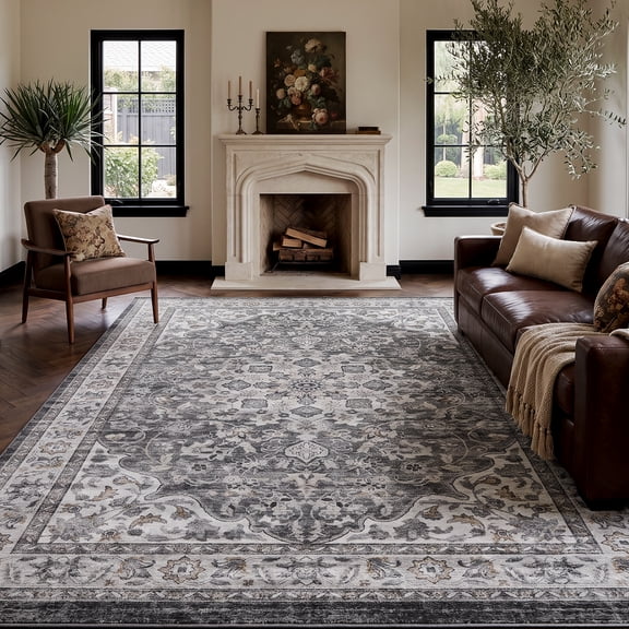 4'x6' Bohemian Area Rug, Machine Washable, Non-Slip, Low Pile, Lightweight, Printed Pattern Rug, Vintage Floral Boho Decor for Living Room Bedroom Dining Room Office (Grey)