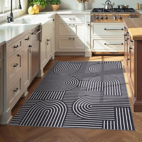 4'x6' Modern Black Area Rug, Washable Stain-Resistant Non-Slip Carpet for Entryway, Kitchen