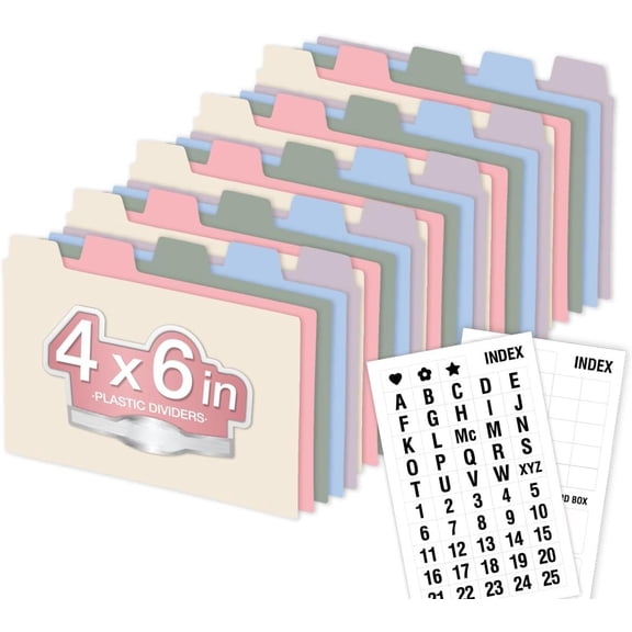 4"x6" Plastic Index Card Dividers, Pastel Colors, 25 Pack | Heavyweight, A-Z, Made of Polypropylene, Alphabetical Stickers, Blank Stickers