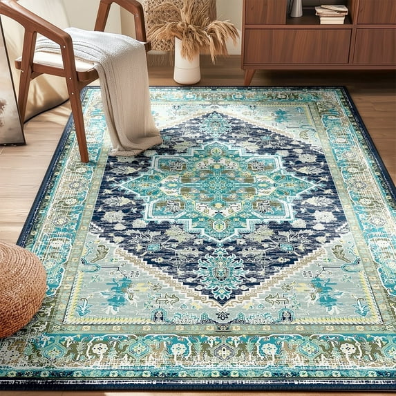 4'x6' Area Rugs, Machine Washable Non Slip Area Rug for Living Room, Soft Low Pile Vintage Print Pattern Indoor Bedroom Thin Carpet, Blue & Green
