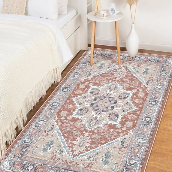 4'x6' Area Rugs, Machine Washable Non Slip Area Rug for Living Room, Soft Low Pile Vintage Print Pattern Indoor Bedroom Thin Carpet, Brick Red