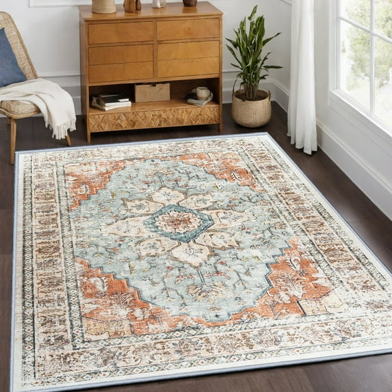 4'x6' Vintage Area Rugs,Soft Washable Distressed Thin Rugs for Living Room Bedroom,Non-Slip Foldable Indoor Carpet,Brick Red