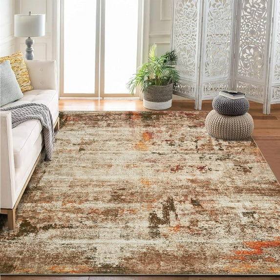 4'x6' Washable Area Rug, Non Slip Abstract Rugs, Soft Faux Wool Living Room Rug, Low Pile Rugs for Living Room Bedroom Dining Room, Brown